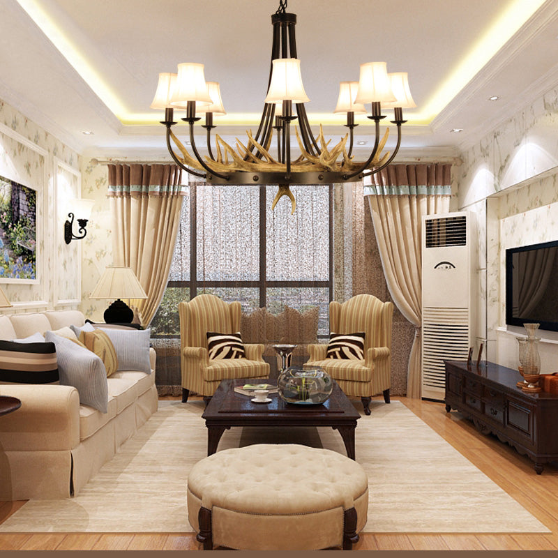 Bend Arm Metallic Hanging Chandelier Countryside 8-Bulb Kitchen Suspension Lamp in Black with Cone White Fabric Shade