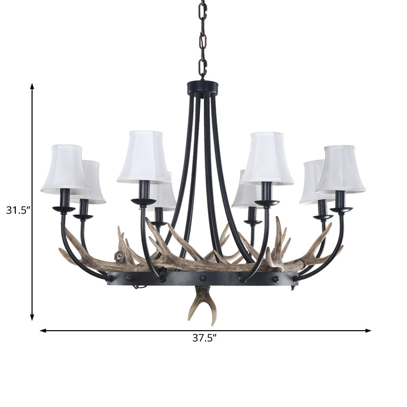 Bend Arm Metallic Hanging Chandelier Countryside 8-Bulb Kitchen Suspension Lamp in Black with Cone White Fabric Shade