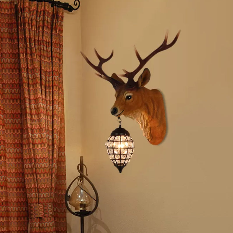 1 Kopfwandleuchten Beleuchtung rustikaler Elchharz -Wandlampe in Braun mit Kristall -Wasserdrop -Schatten, 14,5 "/20" W.
