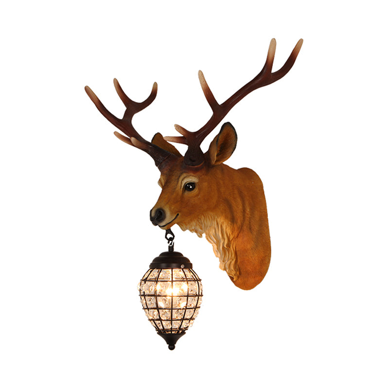 1 Kopfwandleuchten Beleuchtung rustikaler Elchharz -Wandlampe in Braun mit Kristall -Wasserdrop -Schatten, 14,5 "/20" W.