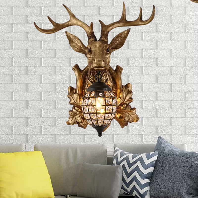 Ellipsoid Cage Beveled Crystal Sconce Farmhouse 12"/18" W 1 Head Living Room Wall Mount Lighting with Gold Antler Backplate