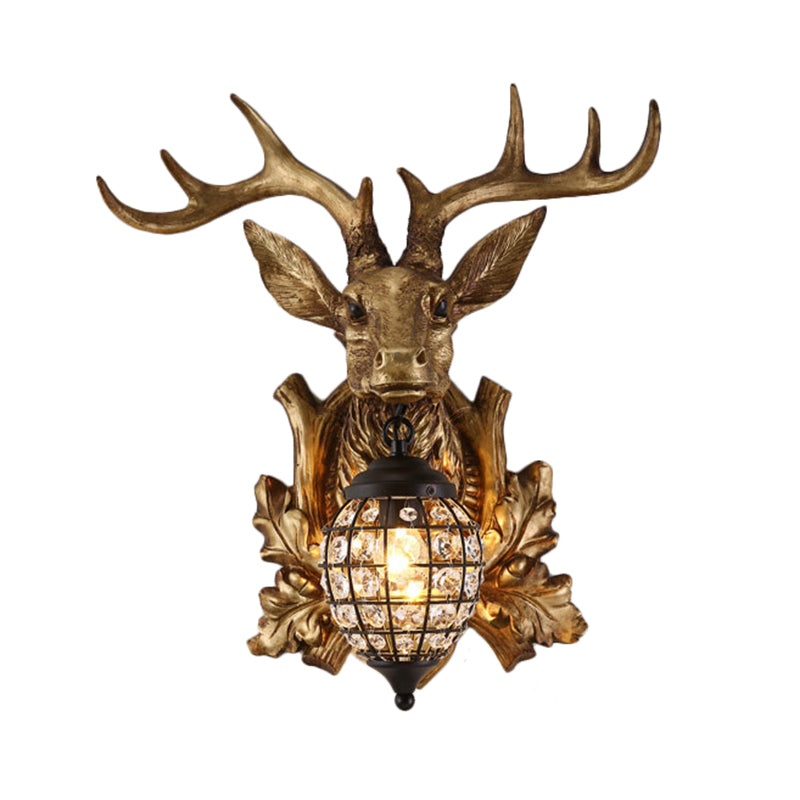 Ellipsoid Cage Beveled Crystal Sconce Farmhouse 12"/18" W 1 Head Living Room Wall Mount Lighting with Gold Antler Backplate