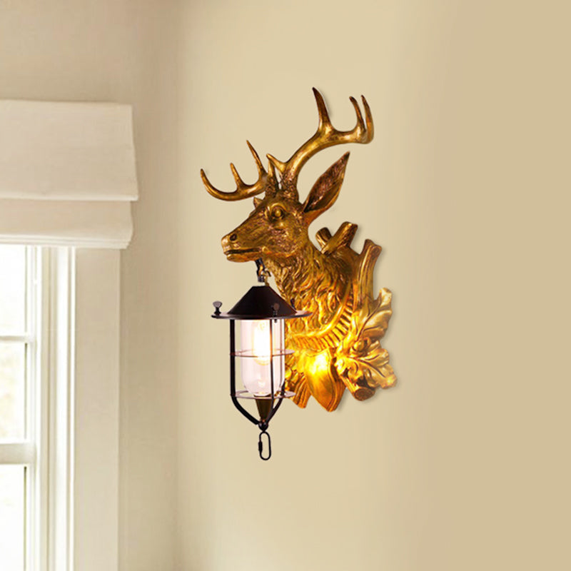 1 luminaire de tête de cerf léger Ferme de lampe murale en résine dorée pour la porte