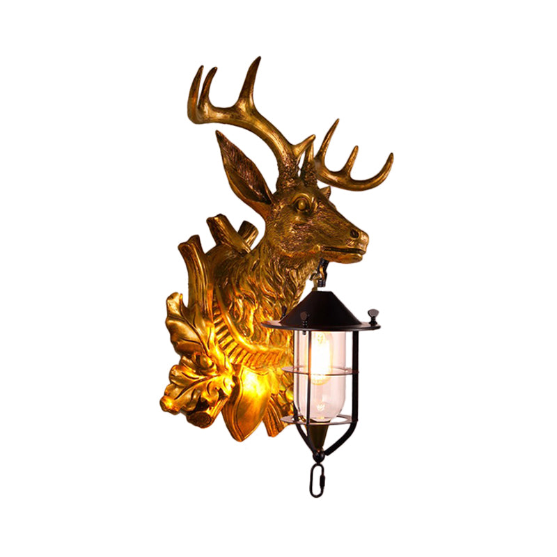 1 luminaire de tête de cerf léger Ferme de lampe murale en résine dorée pour la porte