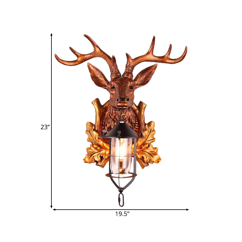 1 Light Wall Sconce Lighting Traditional Deer Head Resin Wall Lamp Fixture in Brown with Cage