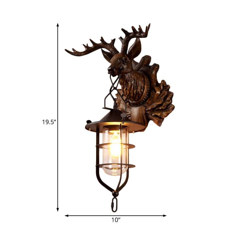 Iron Wire Cage Sconce Countryside 1 Light Living Room Wall Lighting in Black with Resin Deer Head Backplate