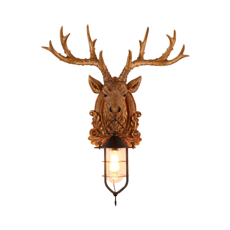 1-Light Resin Wall Light Sconce Rural Brown Elk Head Courtyard Wall Lamp Fixture with Cage