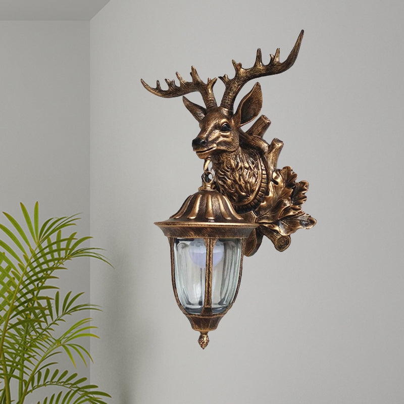 Bronze/Brown Elk Head Wall Mounted Light Farmhouse Resin 1 Head Balcony Sconce Ideas with House Glass Shade