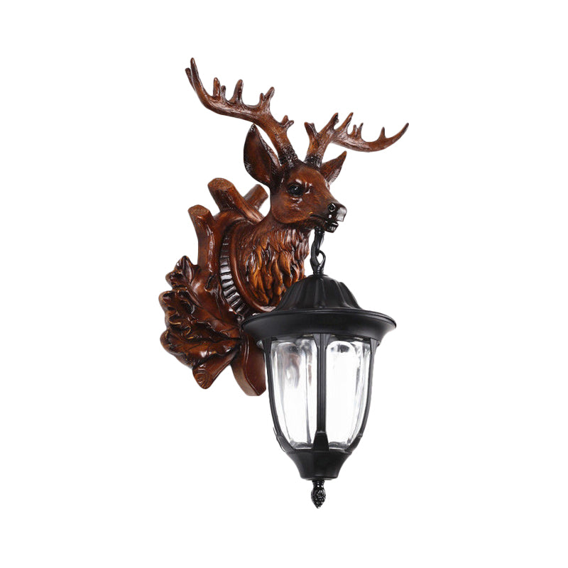 Bronze/Brown Elk Head Wall Mounted Light Farmhouse Resin 1 Head Balcony Sconce Ideas with House Glass Shade