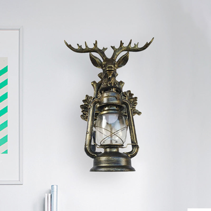 Single Flameless Kerosene Wall Lamp Rustic Style Brown/Bronze Transparent Glass Sconce with Resin Faux Elk Backplate