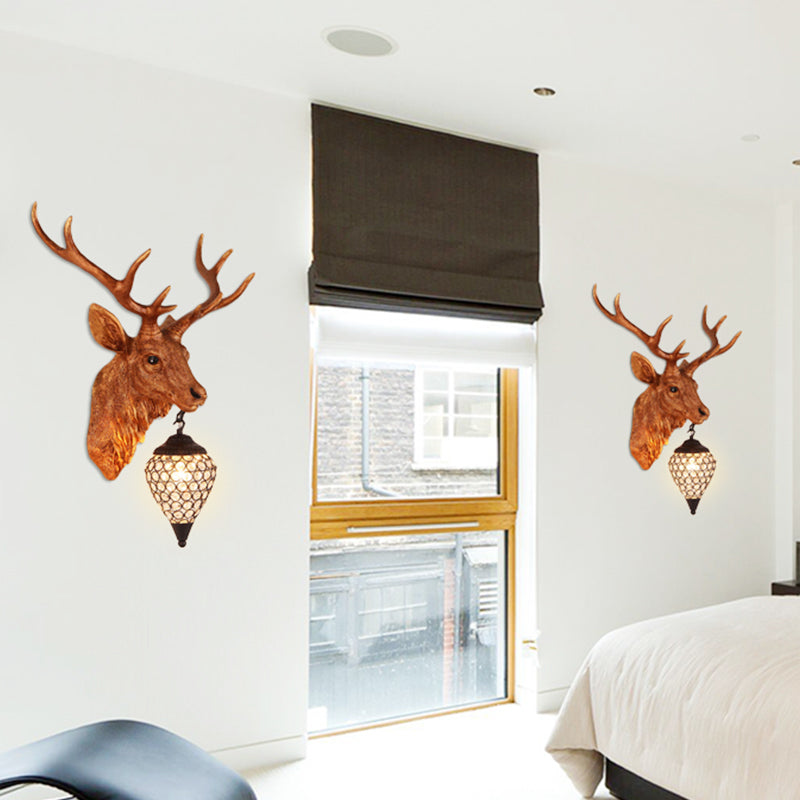 Teardrop Beveled Crystal Wall Lighting Country 15"/20.5"/24.5" Wide 1 Head Bedroom Sconce Lamp with Deer Head in White/Yellow/Gold