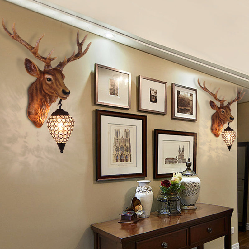 Teardrop Beveled Crystal Wall Lighting Country 15"/20.5"/24.5" Wide 1 Head Bedroom Sconce Lamp with Deer Head in White/Yellow/Gold