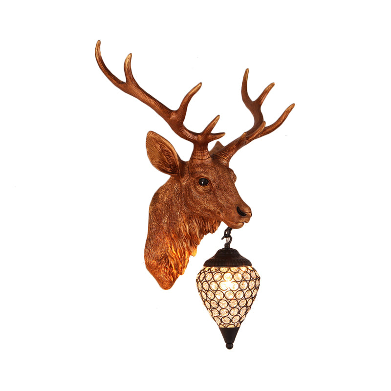 Teardrop Beveled Crystal Wall Lighting Country 15"/20.5"/24.5" Wide 1 Head Bedroom Sconce Lamp with Deer Head in White/Yellow/Gold