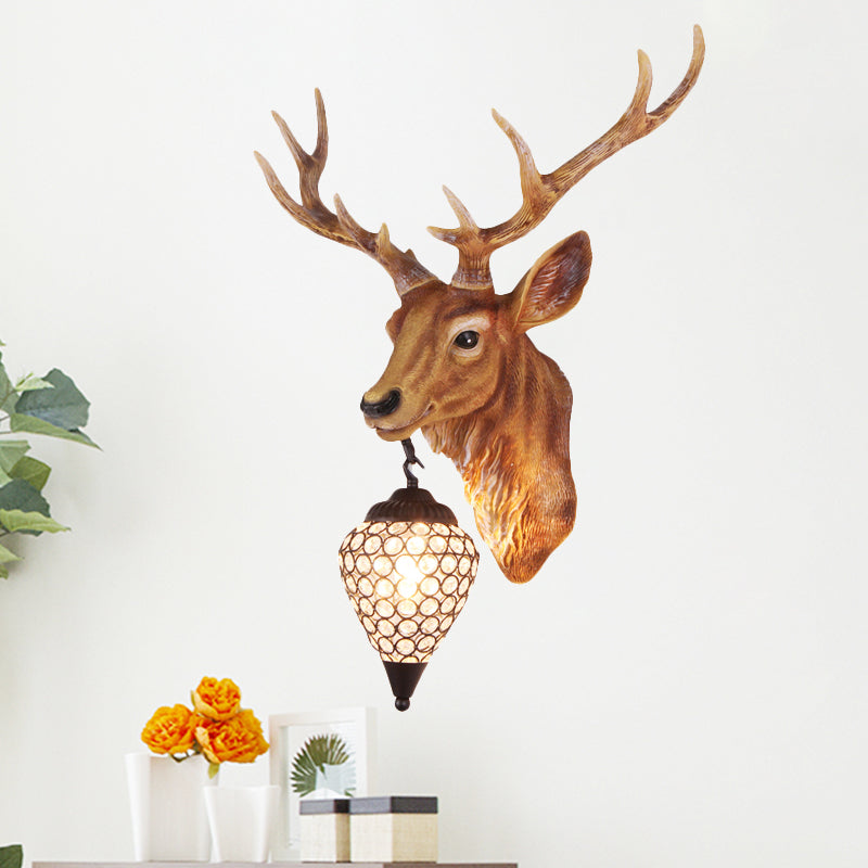 Teardrop Beveled Crystal Wall Lighting Country 15"/20.5"/24.5" Wide 1 Head Bedroom Sconce Lamp with Deer Head in White/Yellow/Gold