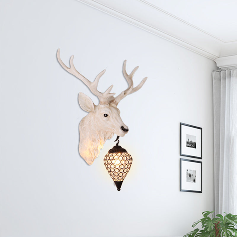 Teardrop Beveled Crystal Wall Lighting Country 15"/20.5"/24.5" Wide 1 Head Bedroom Sconce Lamp with Deer Head in White/Yellow/Gold