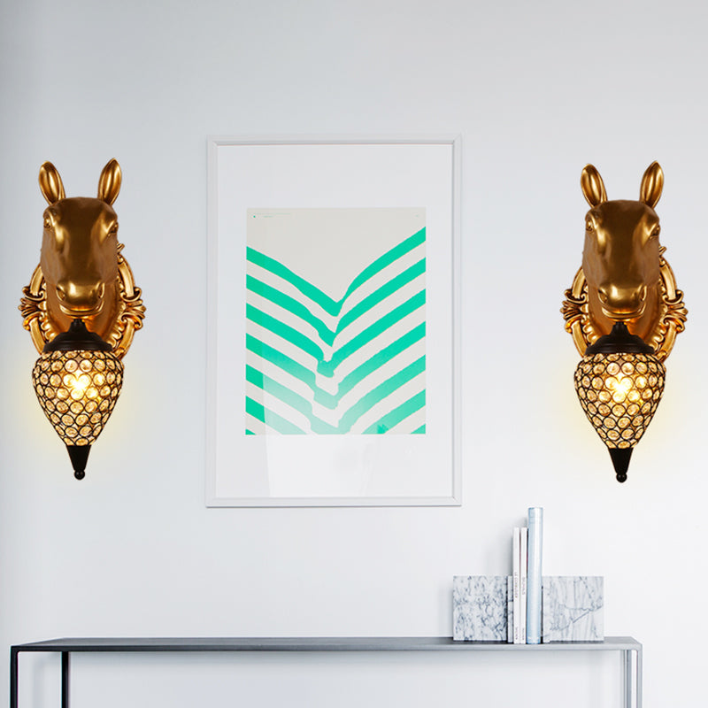 1 hoofd gefacetteerde kristallen wandmuur gemonteerd licht rustieke zwarte regendruppelbed sconce lamp met bruine paarden/hertenkop