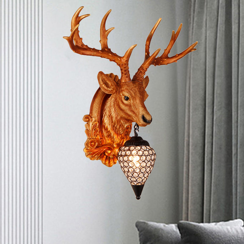 13"/26" W Single Resin Wall Light Fixture Country White/Yellow/Gold Deer Head Living Room Sconce Lamp with Teardrop Crystal Shade