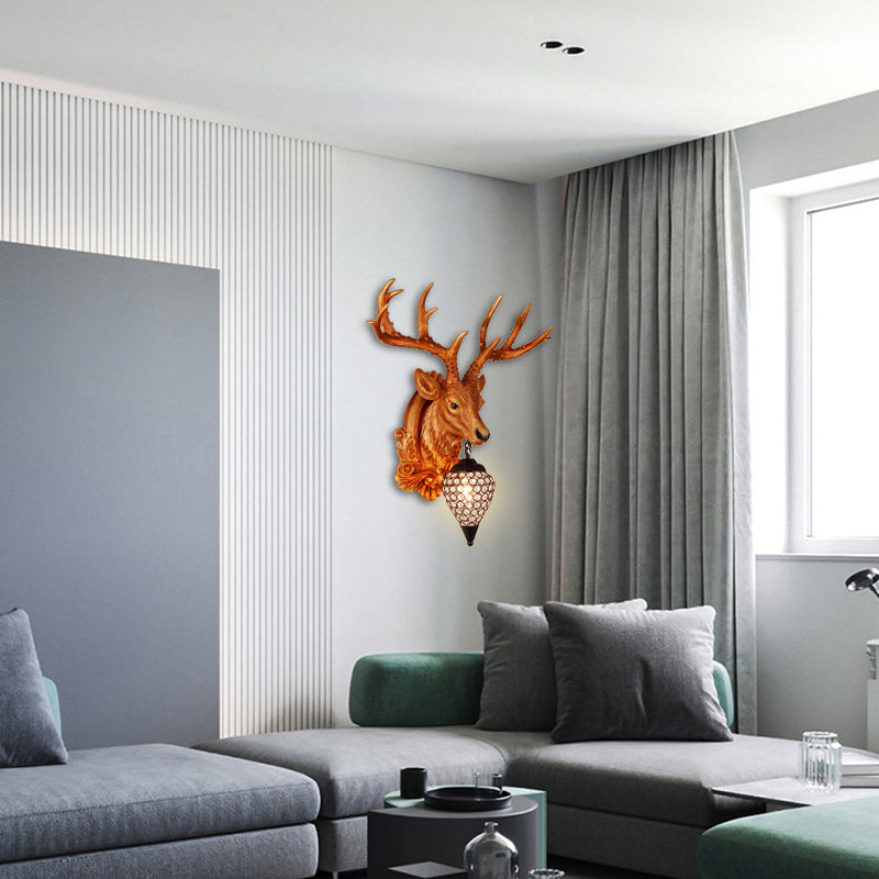 13"/26" W Single Resin Wall Light Fixture Country White/Yellow/Gold Deer Head Living Room Sconce Lamp with Teardrop Crystal Shade