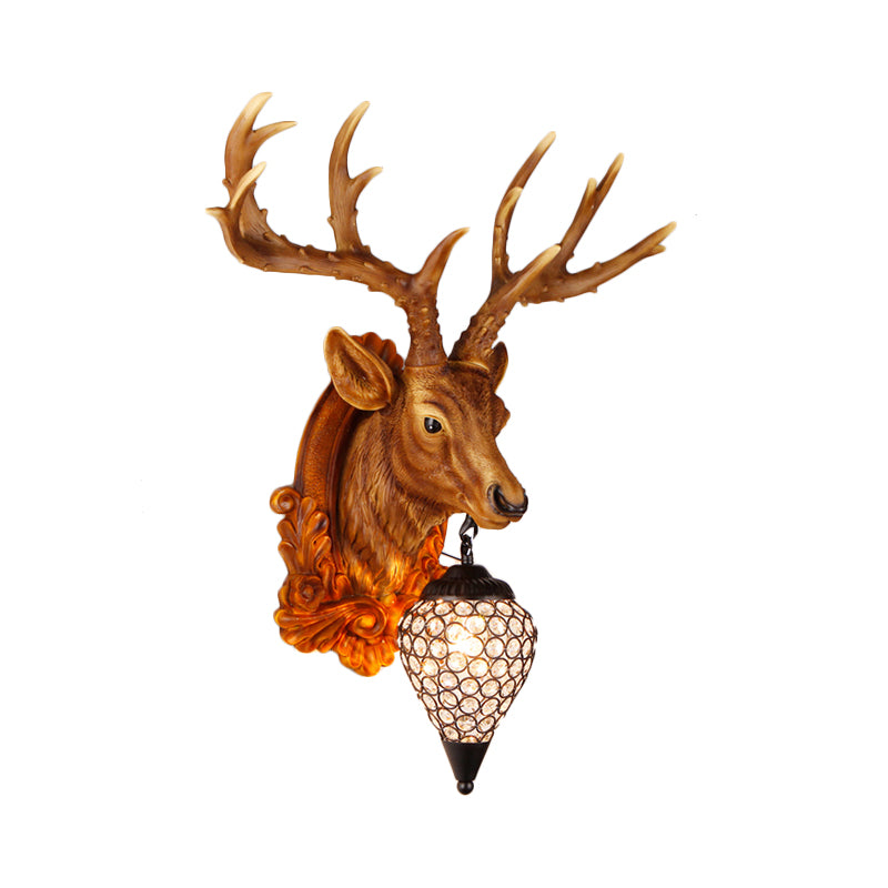 13"/26" W Single Resin Wall Light Fixture Country White/Yellow/Gold Deer Head Living Room Sconce Lamp with Teardrop Crystal Shade