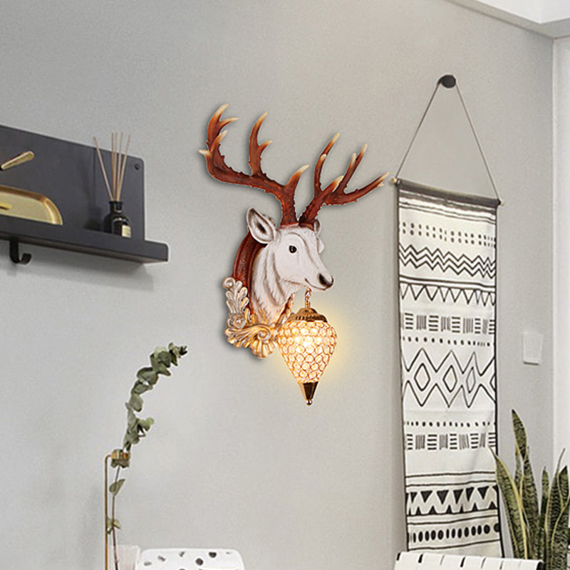 13"/26" W Single Resin Wall Light Fixture Country White/Yellow/Gold Deer Head Living Room Sconce Lamp with Teardrop Crystal Shade