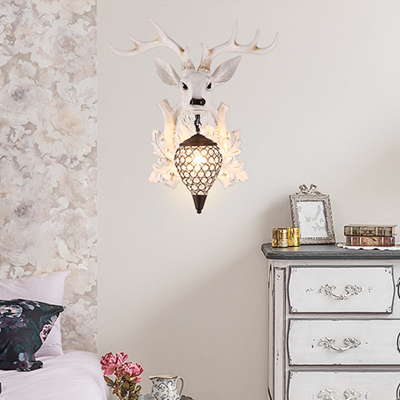 White Elk Wall Light Sconce Rural Resin 12"/20"/28" Wide Single Indoor Lighting Fixture with Drop Crystal Shade