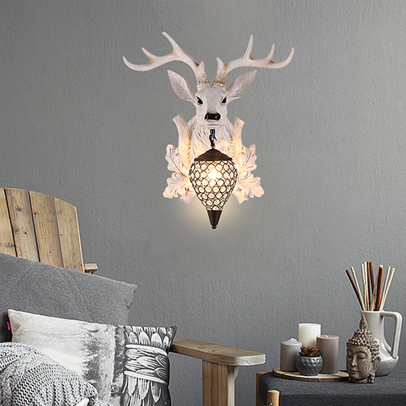 White Elk Wall Light Sconce Rural Resin 12"/20"/28" Wide Single Indoor Lighting Fixture with Drop Crystal Shade