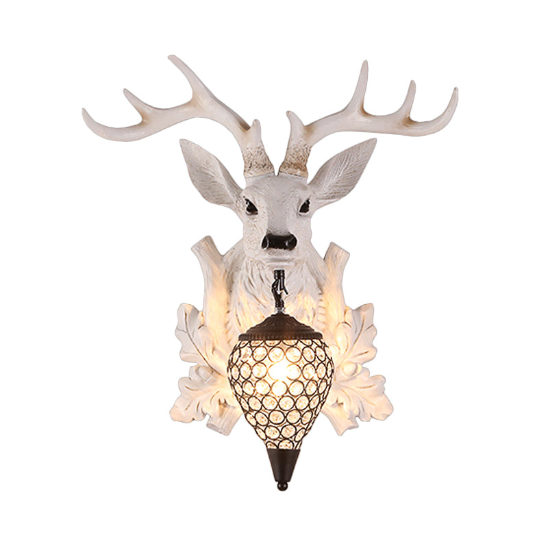 White Elk Wall Light Sconce Rural Resin 12"/20"/28" Wide Single Indoor Lighting Fixture with Drop Crystal Shade