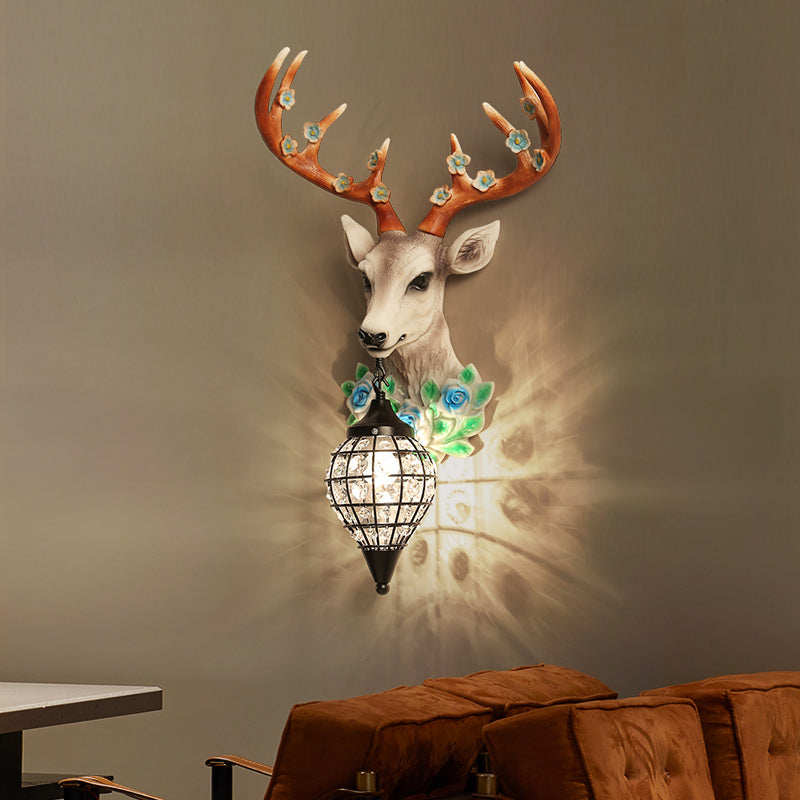 1-Light Elk Head Sconce Light Farmhouse Black/White/Black-Yellow Resin Wall Lamp with Flower Detail and Raindrop Crystal Shade