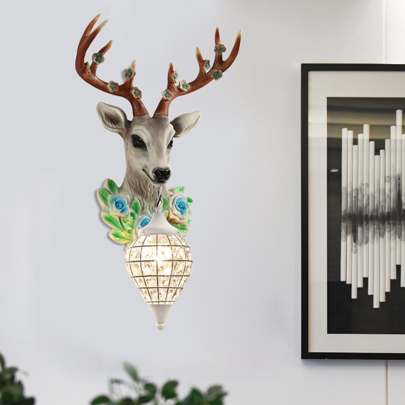 1-Light Elk Head Sconce Light Farmhouse Black/White/Black-Yellow Resin Wall Lamp with Flower Detail and Raindrop Crystal Shade