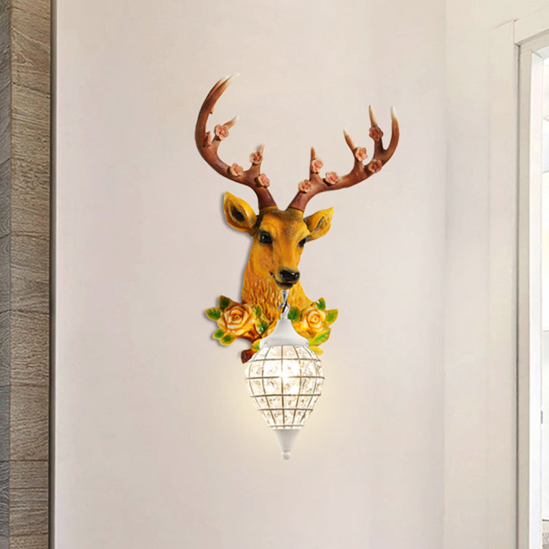 1-Light Elk Head Sconce Light Farmhouse Black/White/Black-Yellow Resin Wall Lamp with Flower Detail and Raindrop Crystal Shade