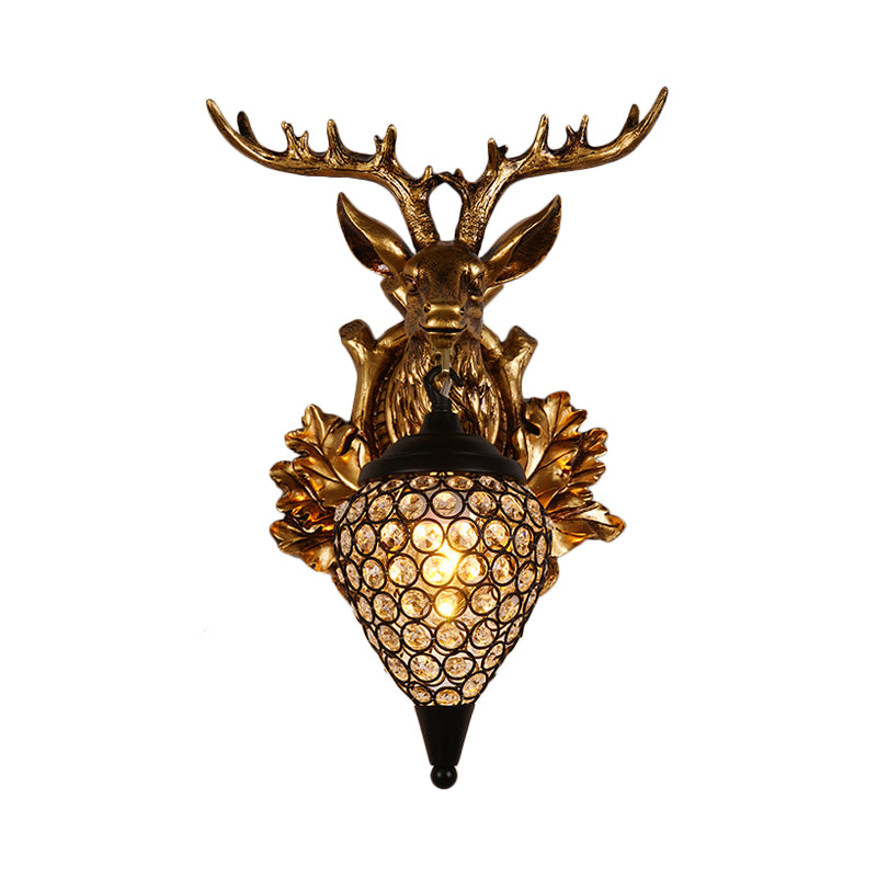 Brown / Gold 1 Bulbe Approche du luminaire Ferme Ferme Crystal Crystal incrusté Lampe de montage mural avec plaque arrière de la tête de wapiti, 12 "/19,5" de large