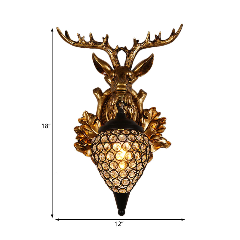 Brown / Gold 1 Bulbe Approche du luminaire Ferme Ferme Crystal Crystal incrusté Lampe de montage mural avec plaque arrière de la tête de wapiti, 12 "/19,5" de large