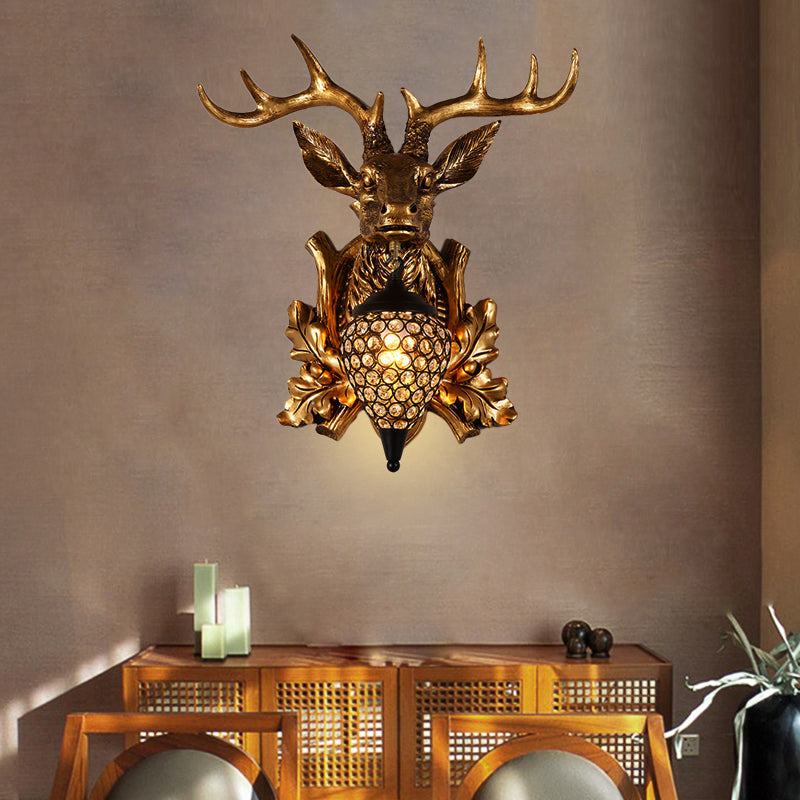 Brown / Gold 1 Bulbe Approche du luminaire Ferme Ferme Crystal Crystal incrusté Lampe de montage mural avec plaque arrière de la tête de wapiti, 12 "/19,5" de large