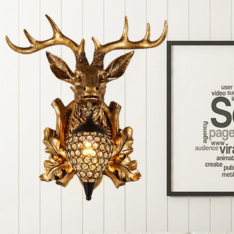Brown / Gold 1 Bulbe Approche du luminaire Ferme Ferme Crystal Crystal incrusté Lampe de montage mural avec plaque arrière de la tête de wapiti, 12 "/19,5" de large