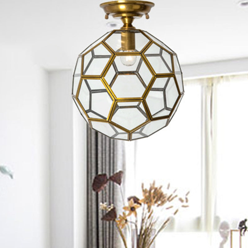 1 Hoofd Flushmount Plafond Lamp Traditionele Gefacetteerde Bol Helder/Crème/Getextureerde Wit Glas Semi-flush Mount Light in Brass, 8 "/12" /16 " Wide