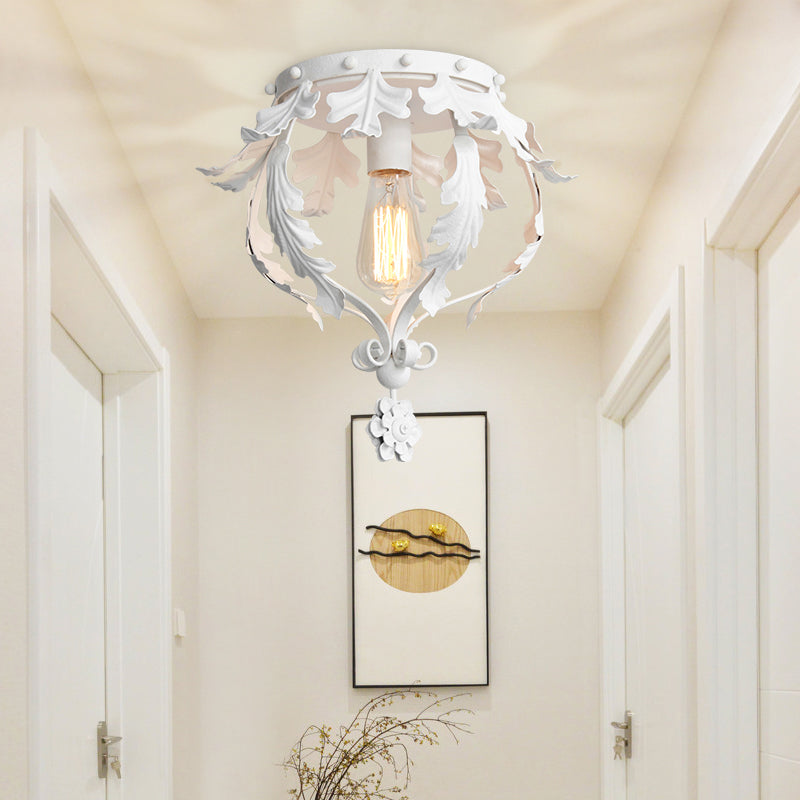 Single Inverted Leaf Crown Flush Light Rustic Grey/White/Gold Metal Ceiling Mounted Lamp for Corridor