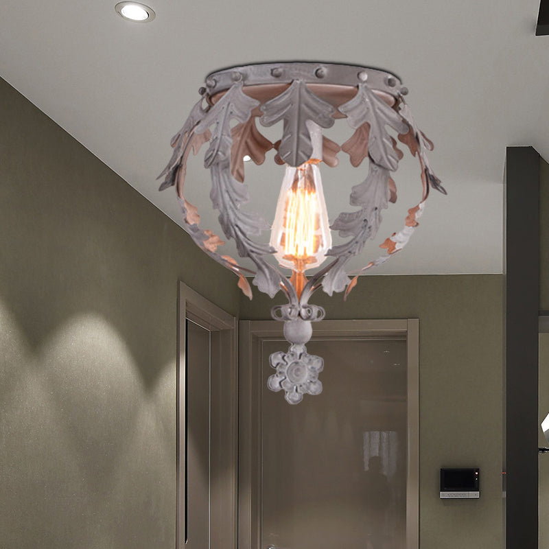 Single Inverted Leaf Crown Flush Light Rustic Grey/White/Gold Metal Ceiling Mounted Lamp for Corridor