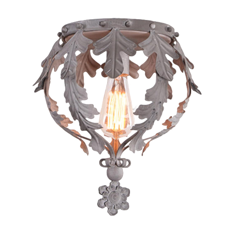 Single Inverted Leaf Crown Flush Light Rustic Grey/White/Gold Metal Ceiling Mounted Lamp for Corridor