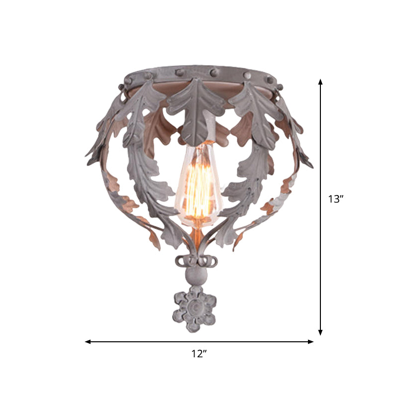 Single Inverted Leaf Crown Flush Light Rustic Grey/White/Gold Metal Ceiling Mounted Lamp for Corridor
