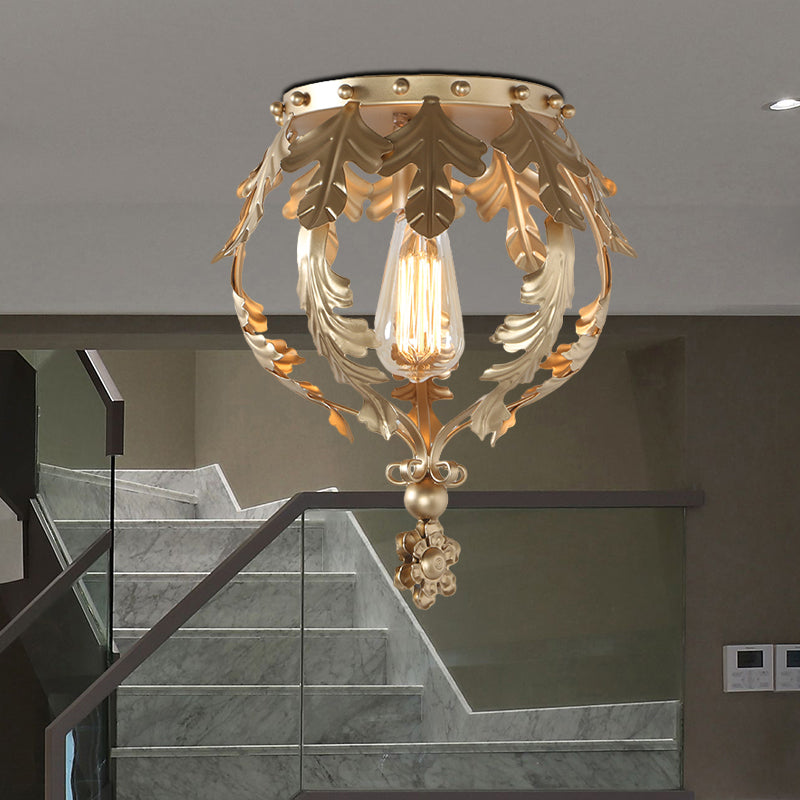 Single Inverted Leaf Crown Flush Light Rustic Grey/White/Gold Metal Ceiling Mounted Lamp for Corridor