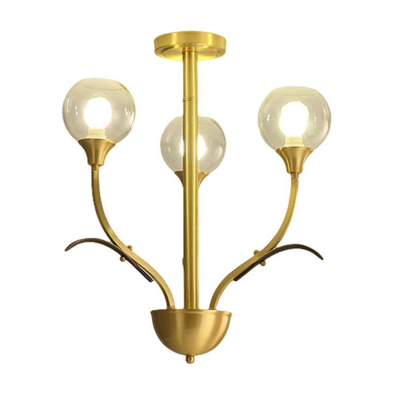 Ball Clear Glass Flushmount Lighting Vintage 3/6 Heads Sitting Room Semi Flush Chandelier in Brass