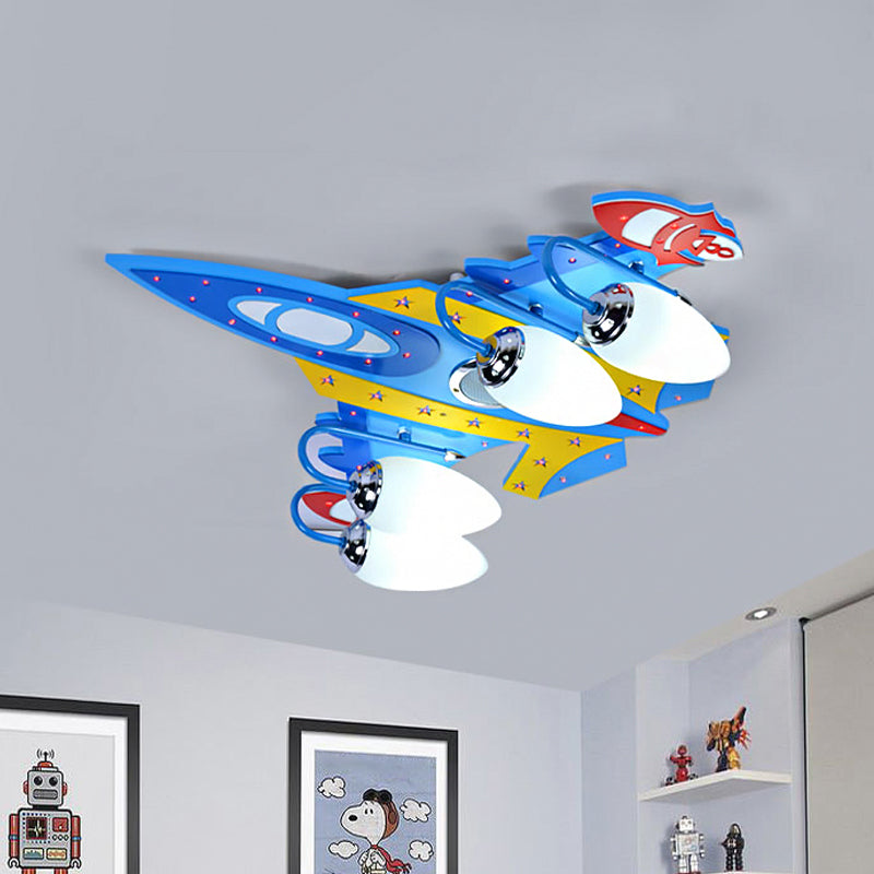 Plafonnier en forme d'avion de dessin animé, verre dépoli, 4 lumières, plafonnier pour chambre d'enfant, bleu