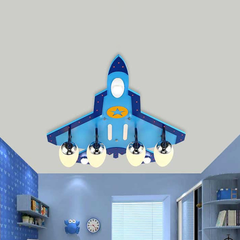 Blue Plane Close to Ceiling Lamp Cartoon 3/5-Bulb Wooden Flushmount Lighting in Warm/White Light