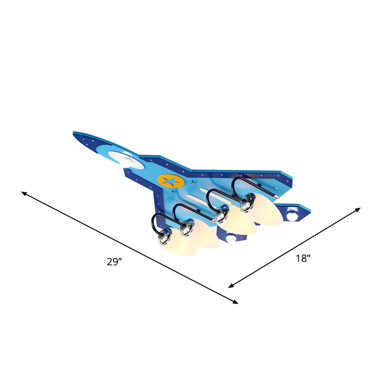 Blue Plane Close to Ceiling Lamp Cartoon 3/5-Bulb Wooden Flushmount Lighting in Warm/White Light