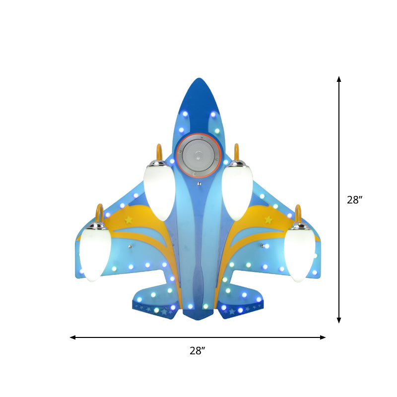 Jet Close to Ceiling Lighting Fixture Cartoon Wooden 4 Heads Bedroom Flush Light in Blue