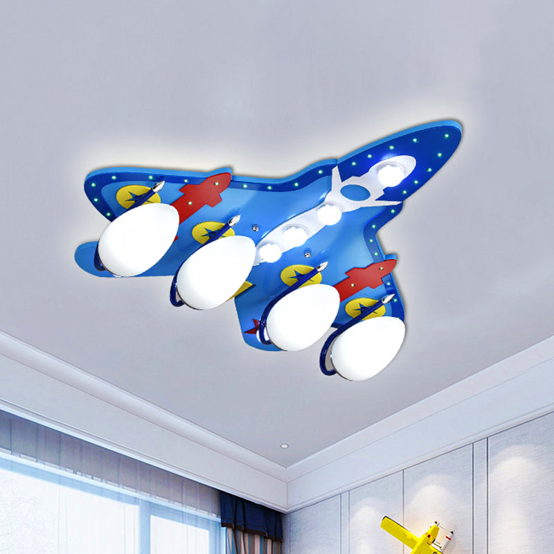 Cartoon 4 Bulbs Flush Ceiling Light Blue Jet Flushmount Lighting with White Glass Shade