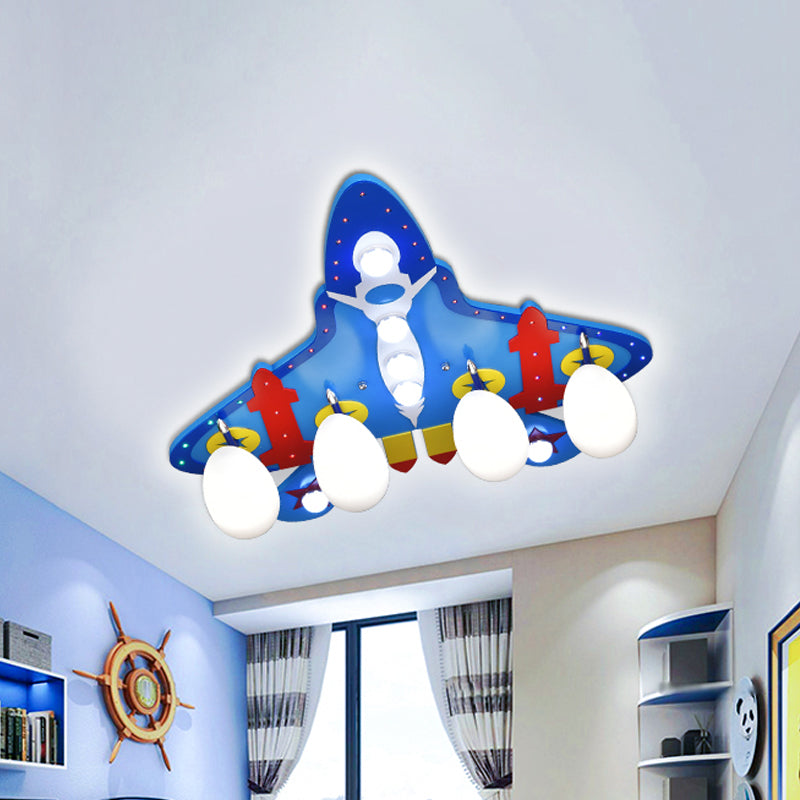 Cartoon 4 Bulbs Flush Ceiling Light Blue Jet Flushmount Lighting with White Glass Shade