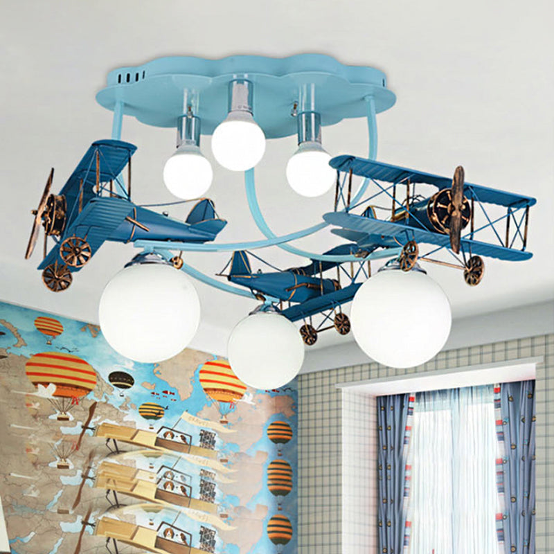 Wood Plane Flush Mount Ceiling Light Cartoon 6-Bulb Distressed Blue Flushmount with Bubble Milk Glass Shade