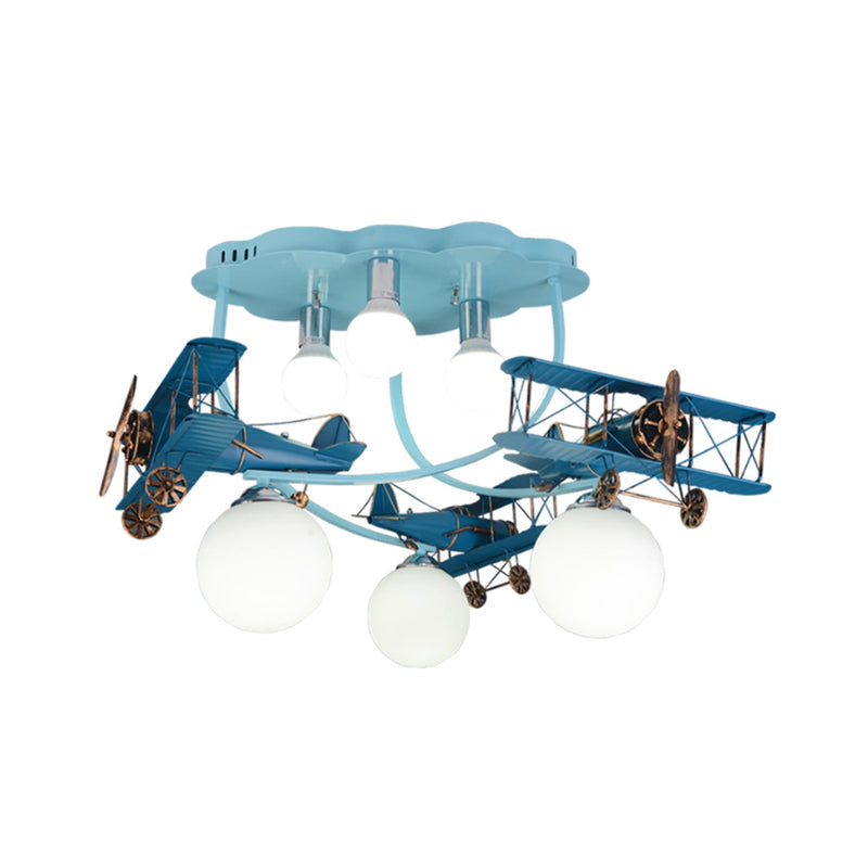 Wood Plane Flush Mount Ceiling Light Cartoon 6-Bulb Distressed Blue Flushmount with Bubble Milk Glass Shade