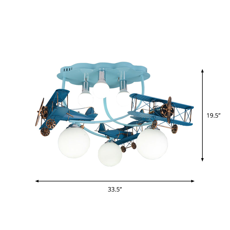 Wood Plane Flush Mount Ceiling Light Cartoon 6-Bulb Distressed Blue Flushmount with Bubble Milk Glass Shade